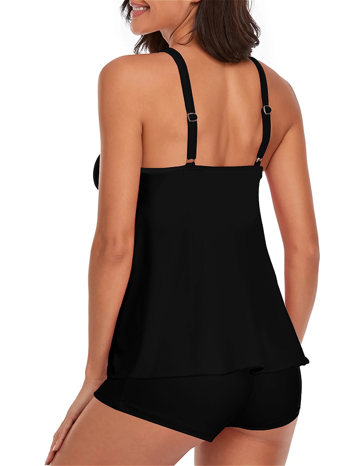 Black tankini swimsuit for women with adjustable straps, perfect for summer and vacations