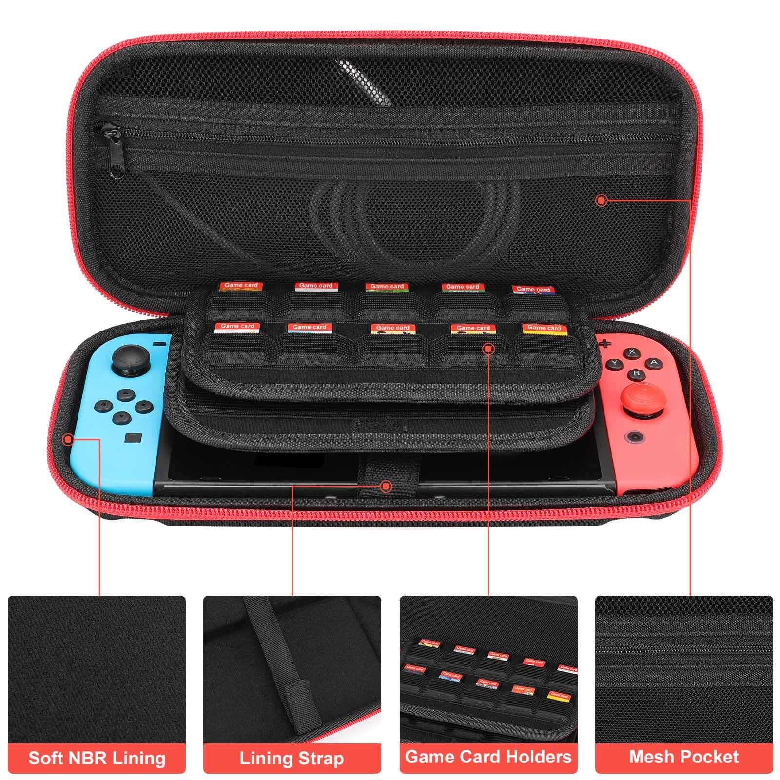 Nintendo Switch carrying case, black with red trim, internal organization, for console and games, travel case.