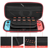 Nintendo Switch carrying case, black with red trim, internal organization, for console and games, travel case.