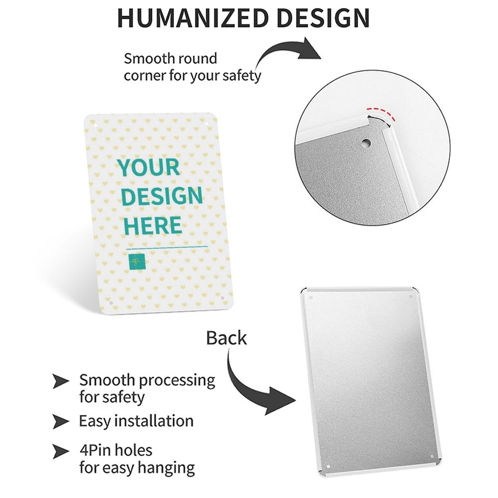 Personalized metal tin sign with 'YOUR DESIGN HERE', easy installation, iron painting, and made in USA