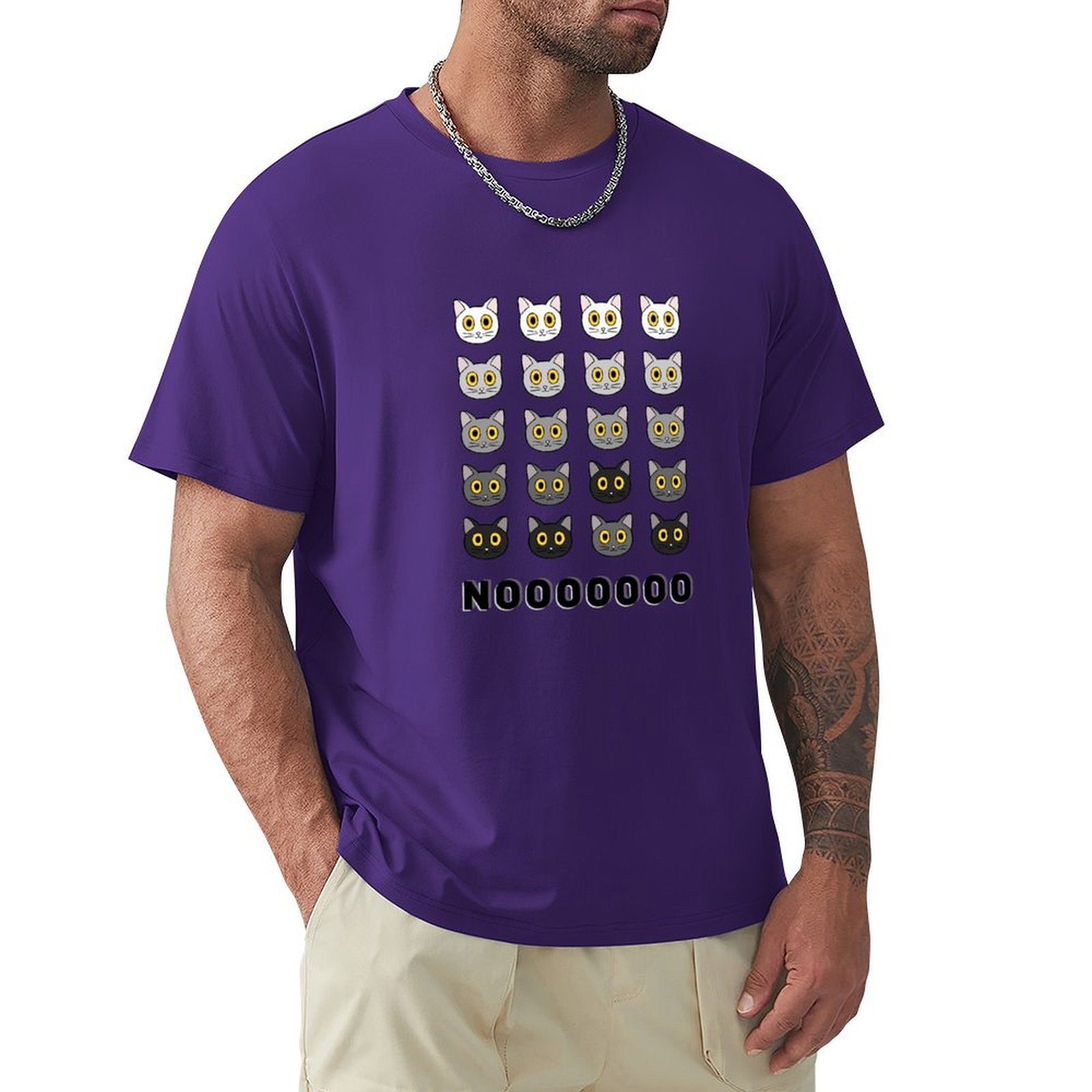 MyArtsyGift Men's purple t-shirt with cat face pattern and NOOOOOOOO text.