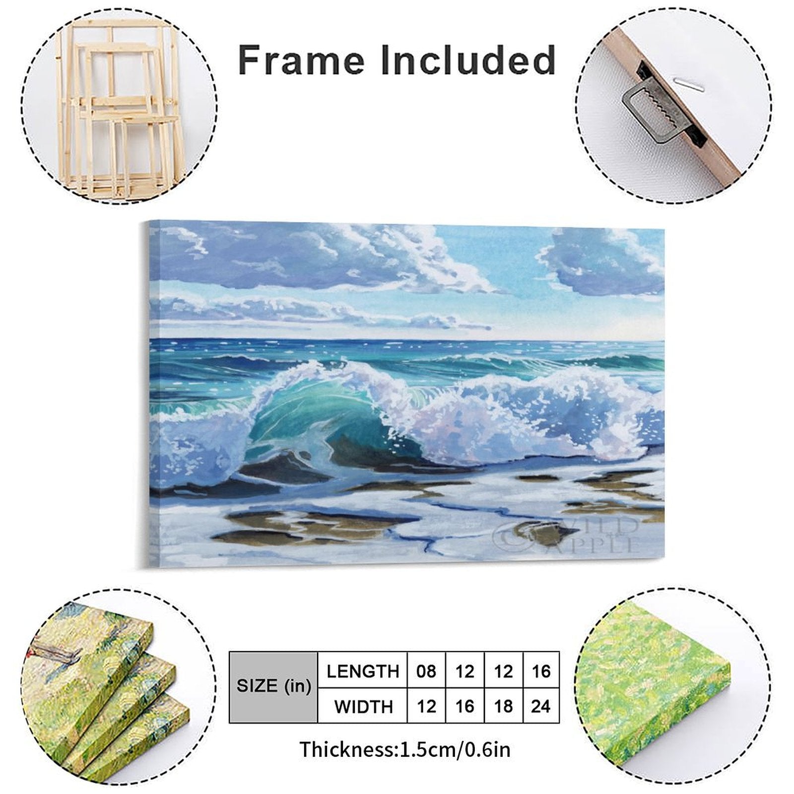 Canvas print of a curling wave on shore, with a frame included, made in the USA; perfect for coastal wall art.