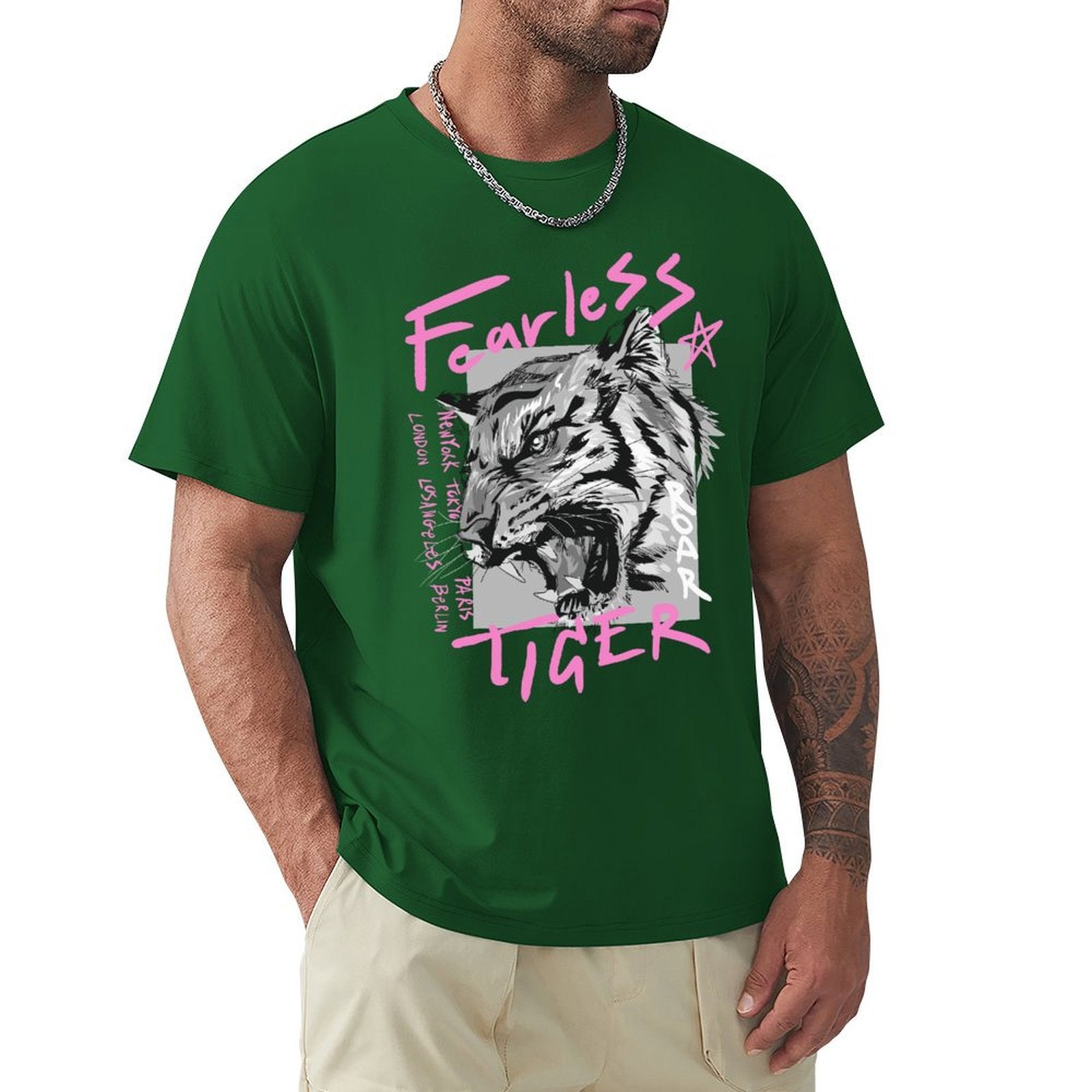 Men's green cotton Fearless Tiger t-shirt, crew neck tee, streetwear style, for everyday wear