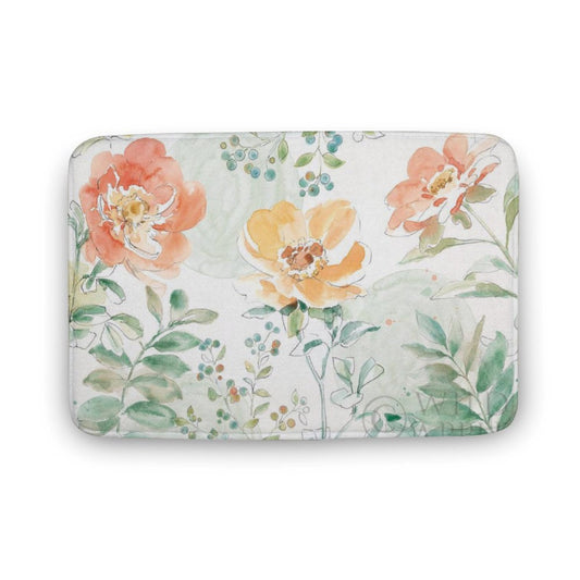 Coral velvet bath rug with watercolor floral design, non-slip for bathroom.