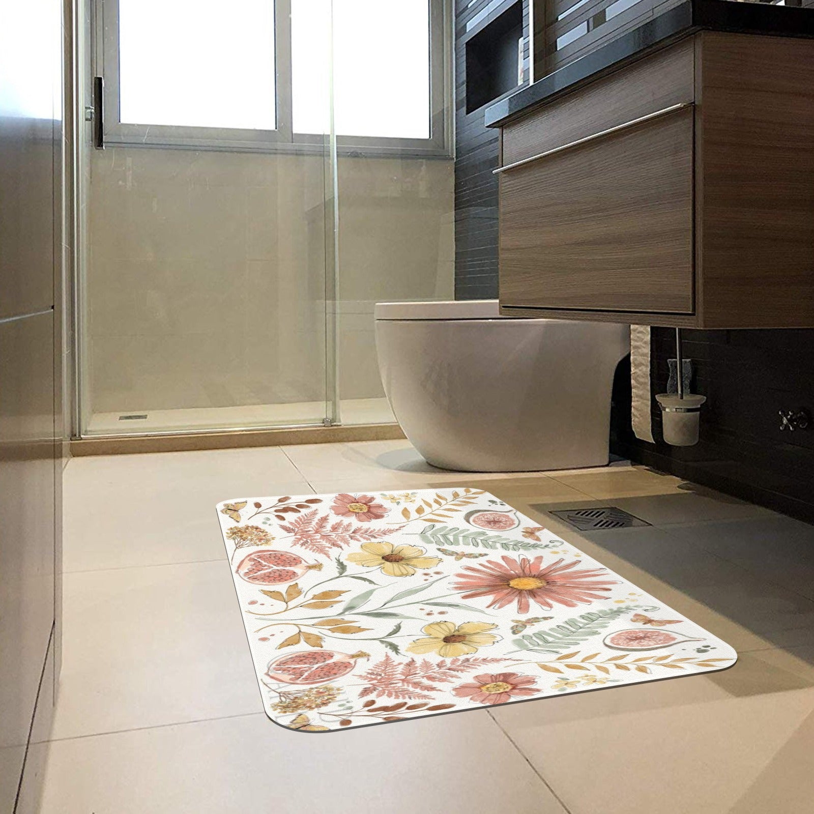 Floral entrance doormat with watercolor flower design; indoor or outdoor rubber floor mat, in a bathroom setting