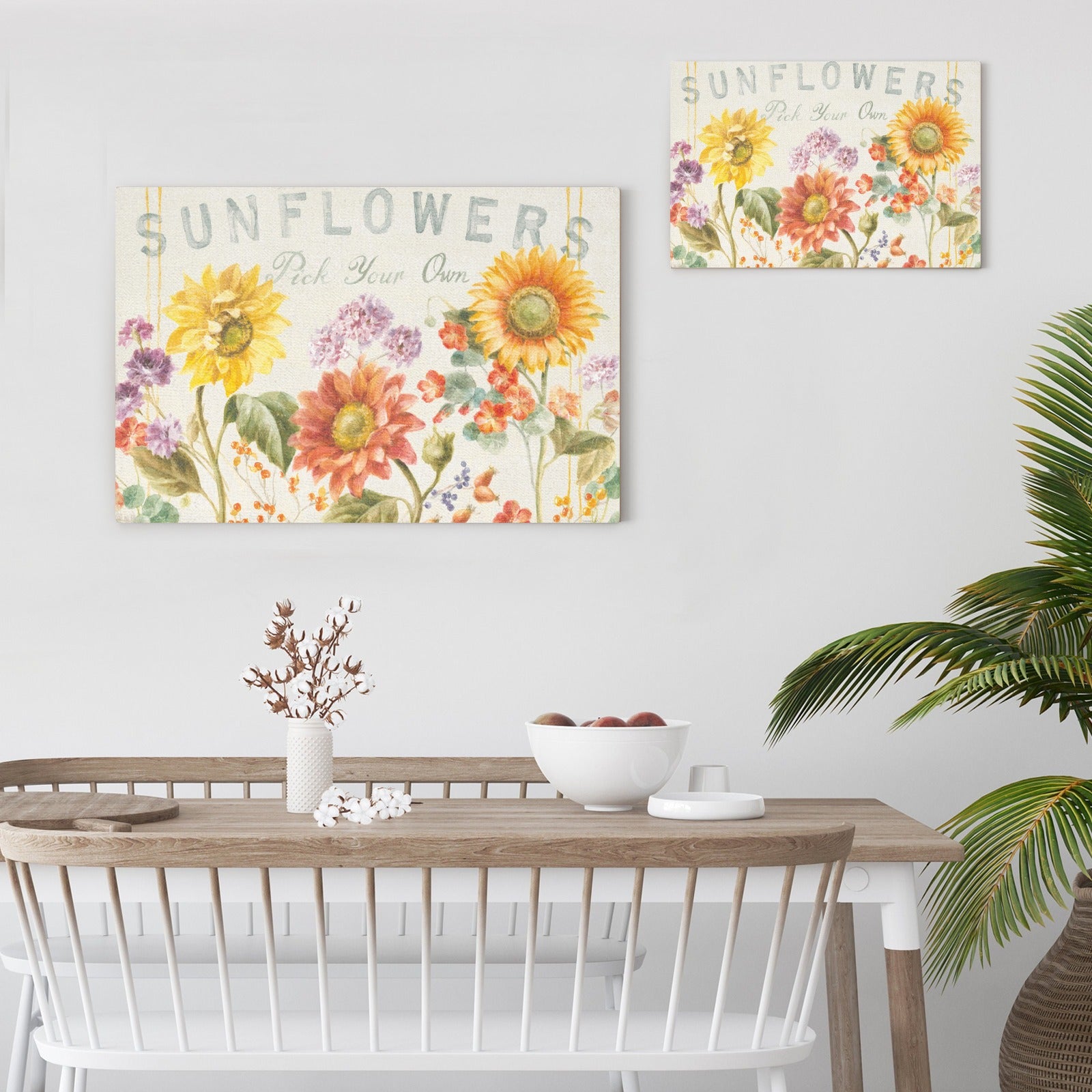 Sunflower canvas print wall art. Watercolor floral artwork with the text 'Sunflowers Pick Your Own' made in USA.