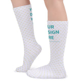 Customizable winter socks for women, featuring 'Your Design Here' print with white and yellow heart patterns, ideal gift.