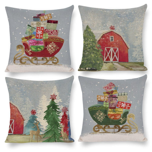 Cotton Linen Pillow Case Set of 4, featuring Christmas designs, sleighs with gifts, and winter scenes.