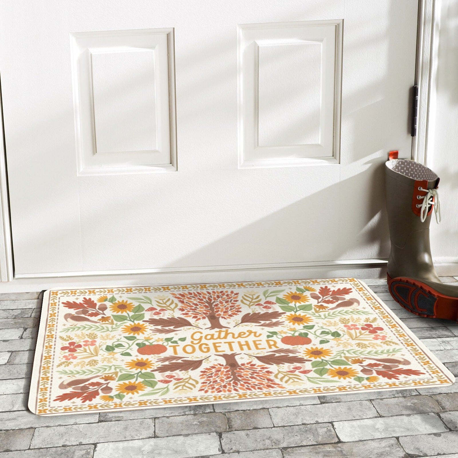 Autumn-themed rubber entrance doormat with 'Gather Together' text, for indoor or outdoor use.