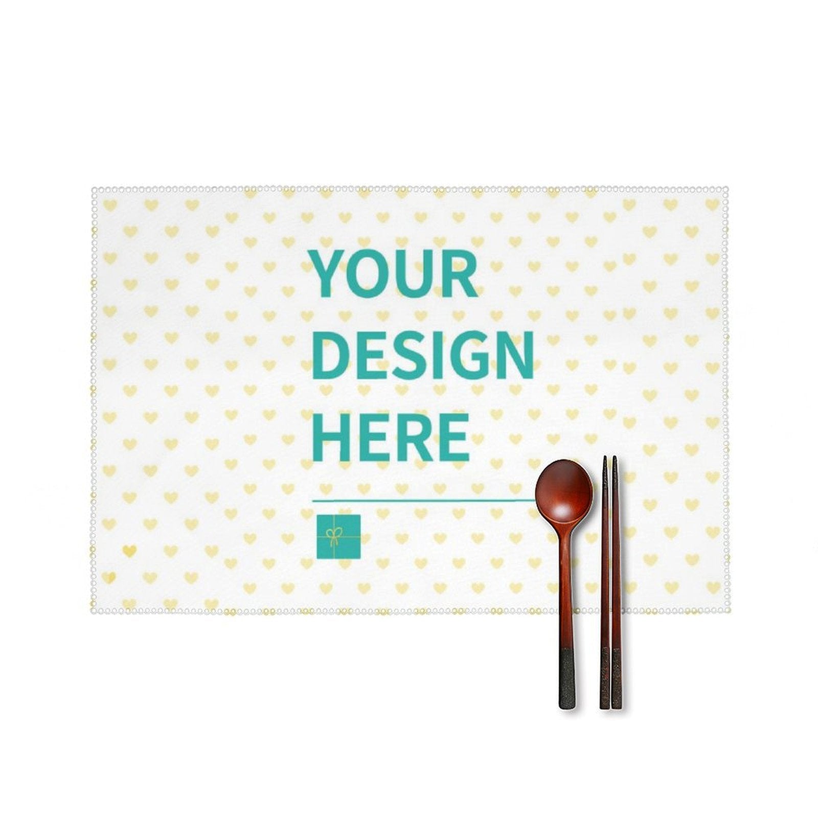 Customizable placemat with heart pattern, wooden spoon and chopsticks; Personalized kitchen table decor