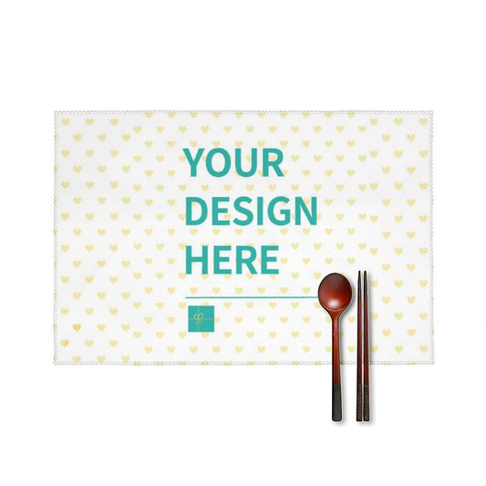 Customizable placemat with heart pattern, wooden spoon and chopsticks; Personalized kitchen table decor