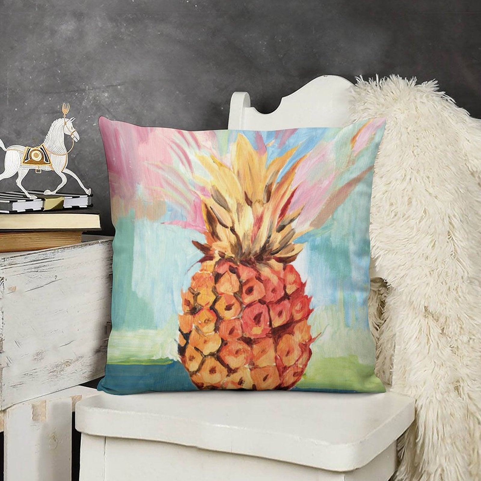 Plush throw pillow cover with painted pineapple design. Soft and fluffy decorative pillow for couch and living room.