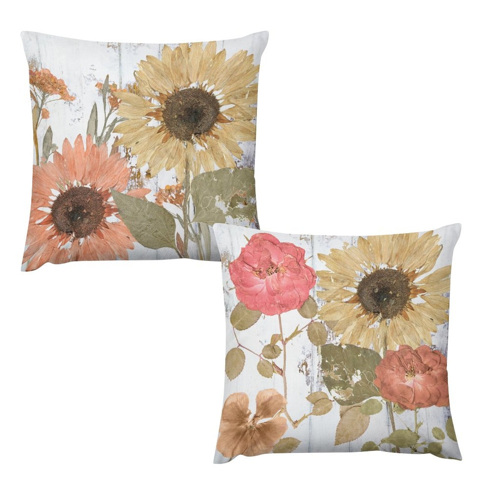Short plush pillow covers with floral designs, sunflowers and roses on white wood grain background