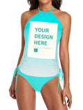 Teal halter swimsuit with 'YOUR DESIGN HERE' text. Personalized swimwear, ideal for vacation.