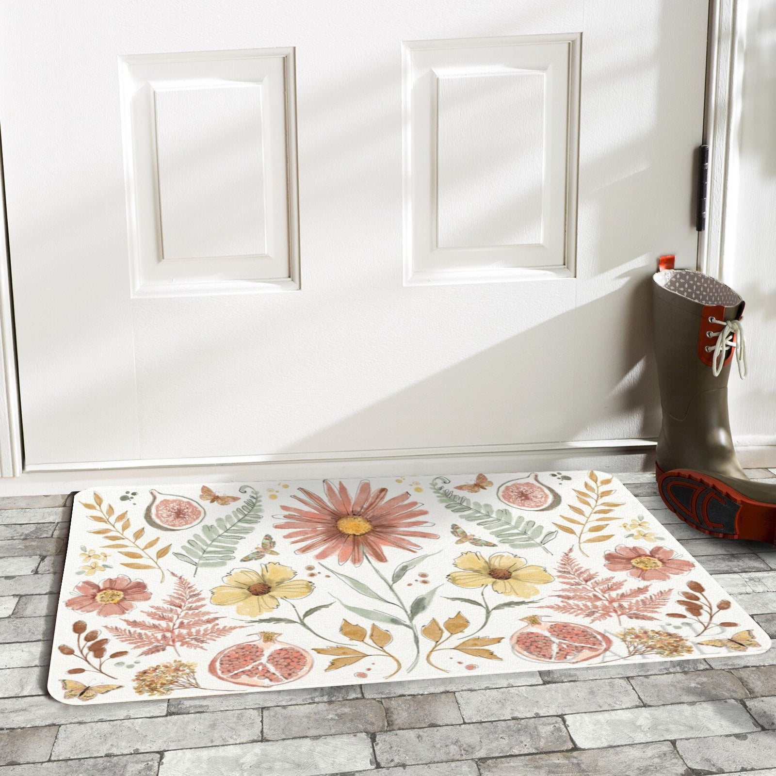 Floral entrance doormat with watercolor flower design, indoor or outdoor rubber floor mat