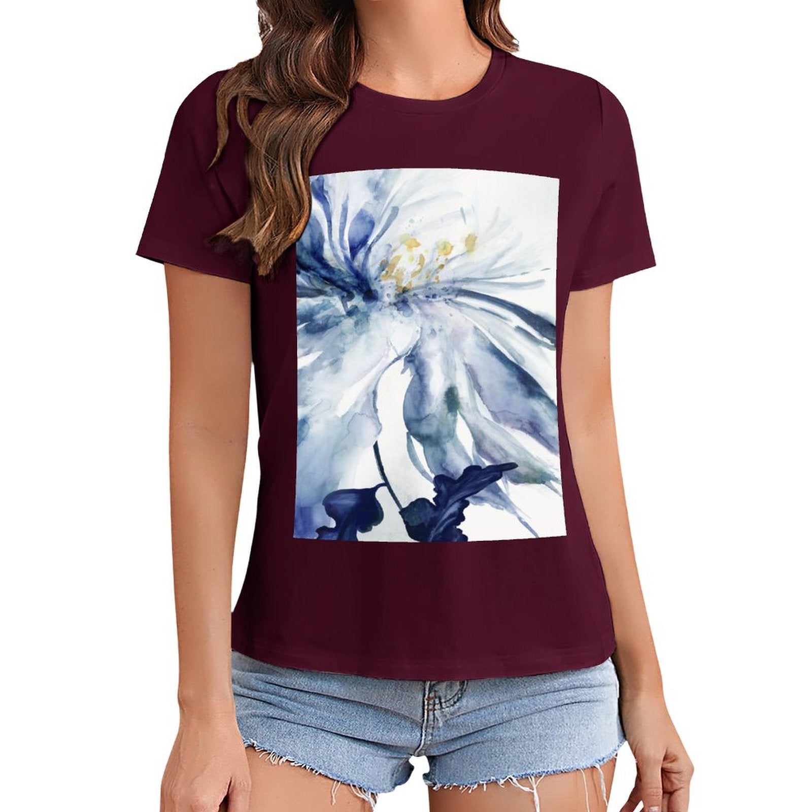 Women's maroon t-shirt with blue watercolor floral print by MyArtsyGift. Short sleeve, crewneck design.