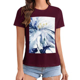 Women's maroon t-shirt with blue watercolor floral print by MyArtsyGift. Short sleeve, crewneck design.