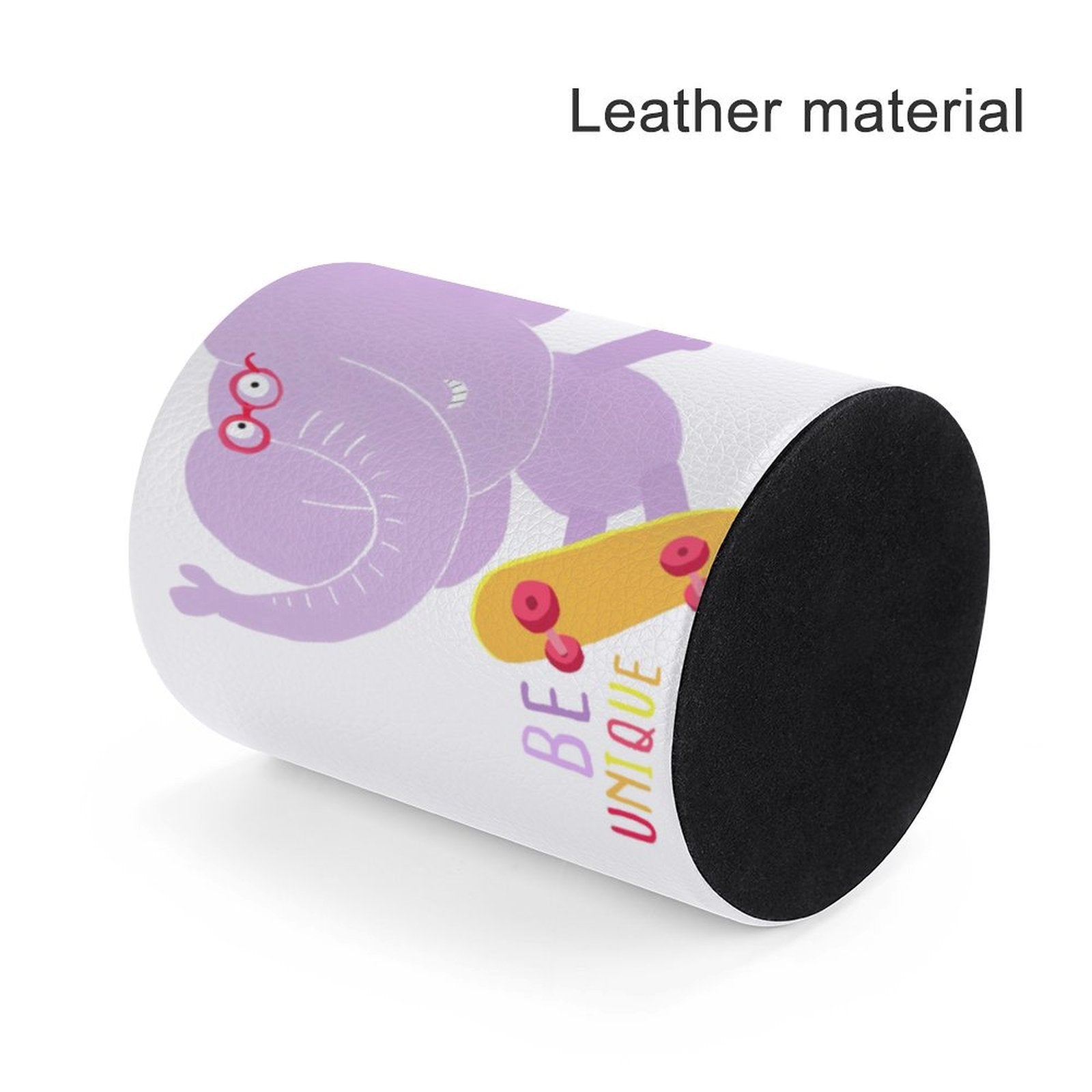 PU Leather Pen Pencil Holder with Elephant Design. Desk organizer with BE UNIQUE print for office, school, home.