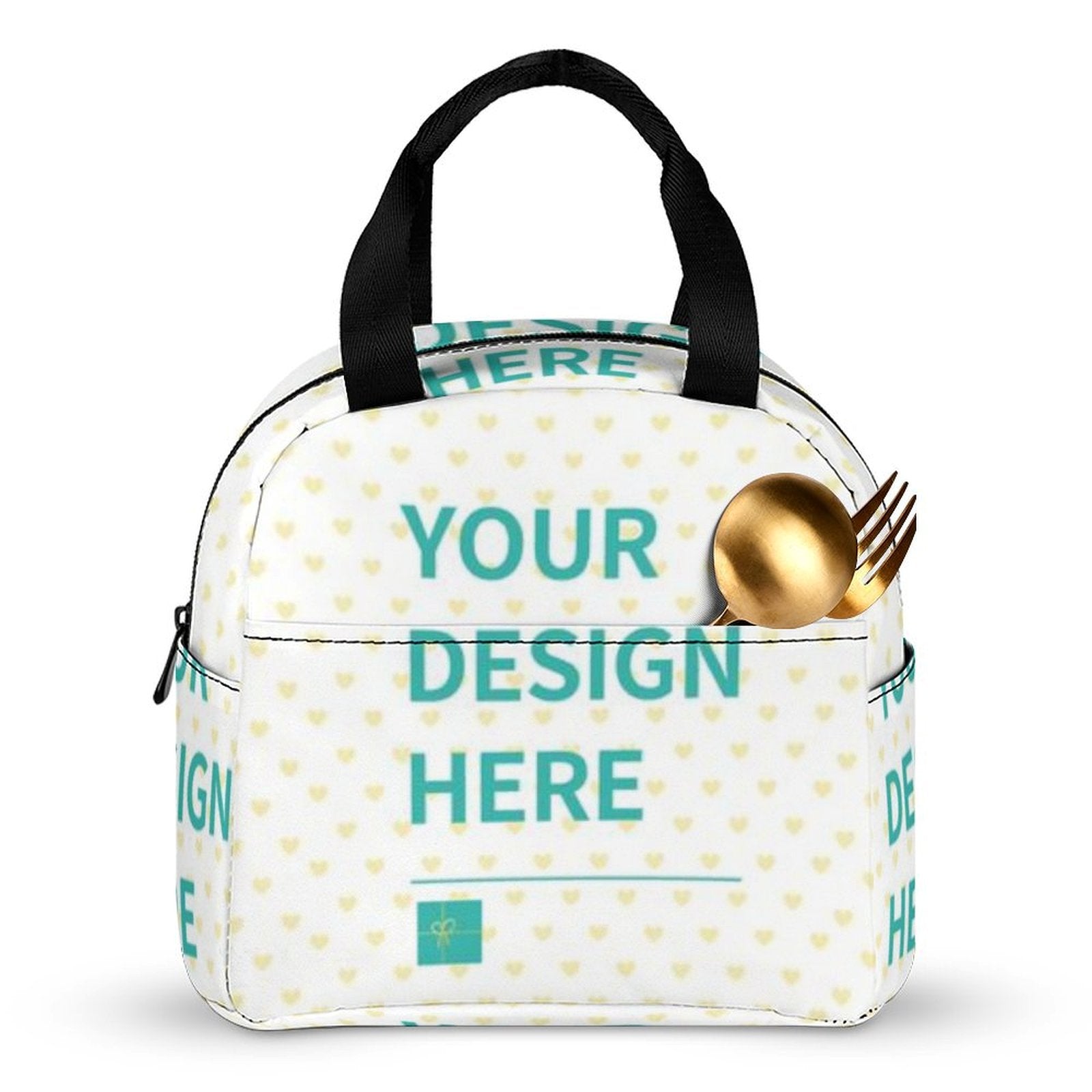 Custom lunch bag with 'YOUR DESIGN HERE' design, white, reusable, for school, work, travel, made of polyester