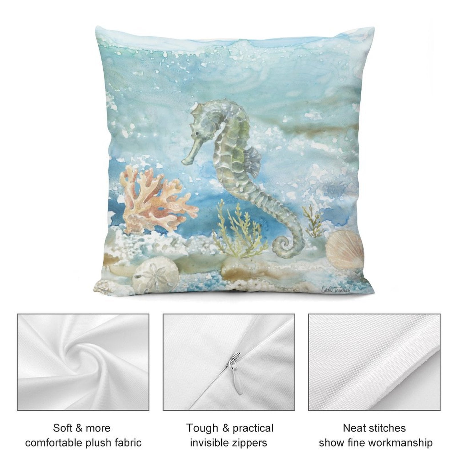 Seahorse pillow cover, watercolor design, short plush material for home decor.