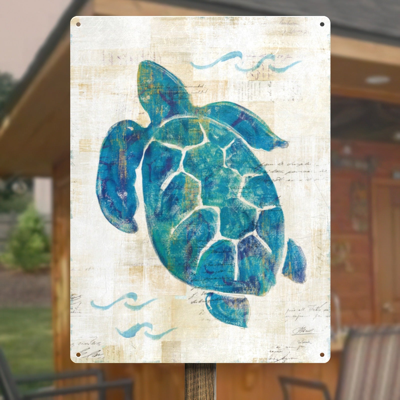 Sea turtle tin sign, turquoise turtle art, beach home decor, metal wall art for bathroom or living room.