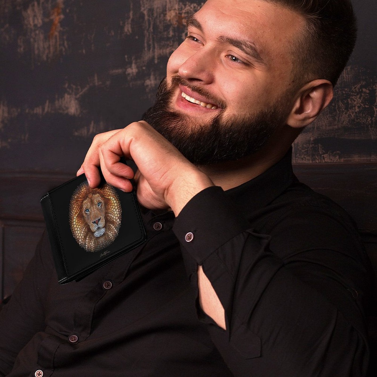 Men's black leather bifold wallet with lion art, stylish card holder from MyArtsyGift