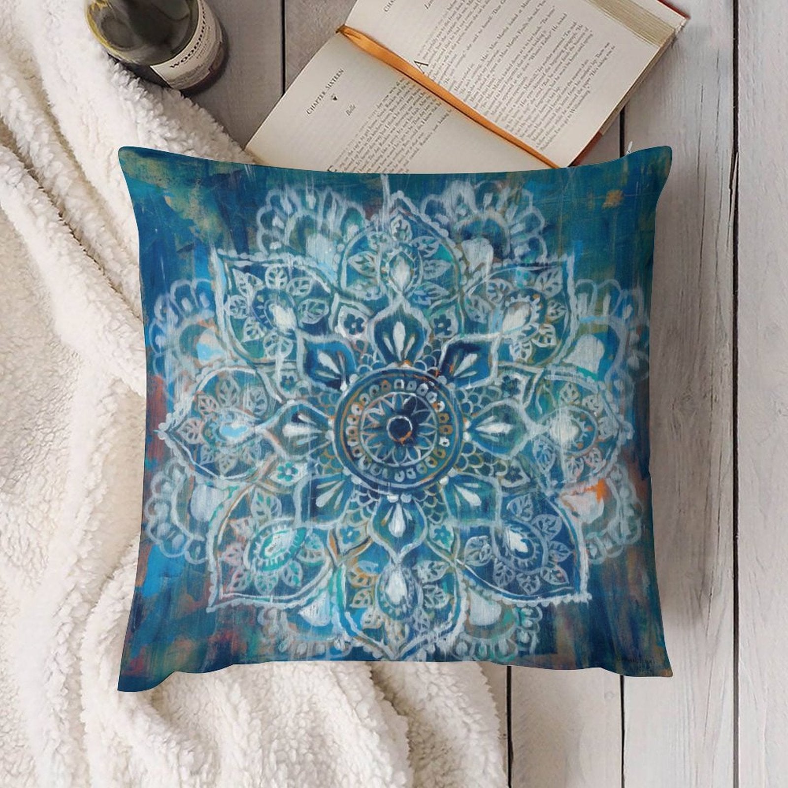 Blue mandala plush pillow cover for sofa or living room, soft and fluffy, short plush material, decorative pillow for home.