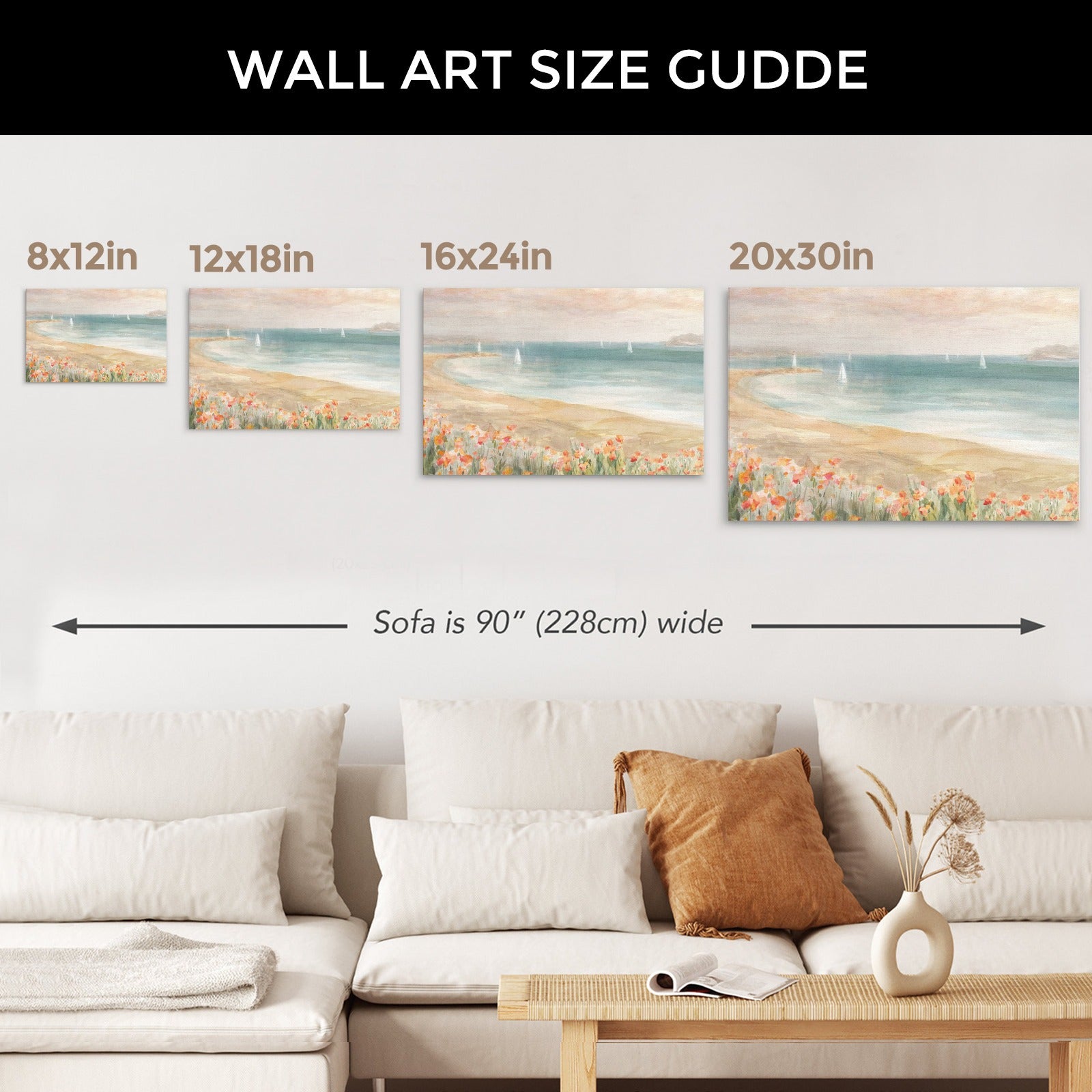 Around the Point III Canvas Print size guide showing the wall art on a sofa for reference. Available in 4 sizes.