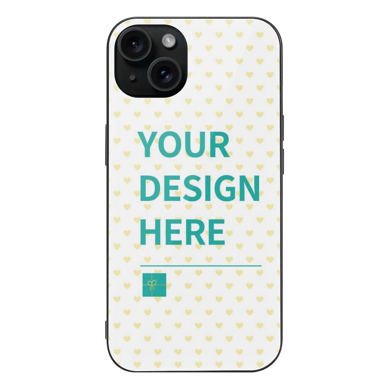 Personalized iPhone 15 case with 'Your Design Here' text and heart pattern. Glass and TPU material.
