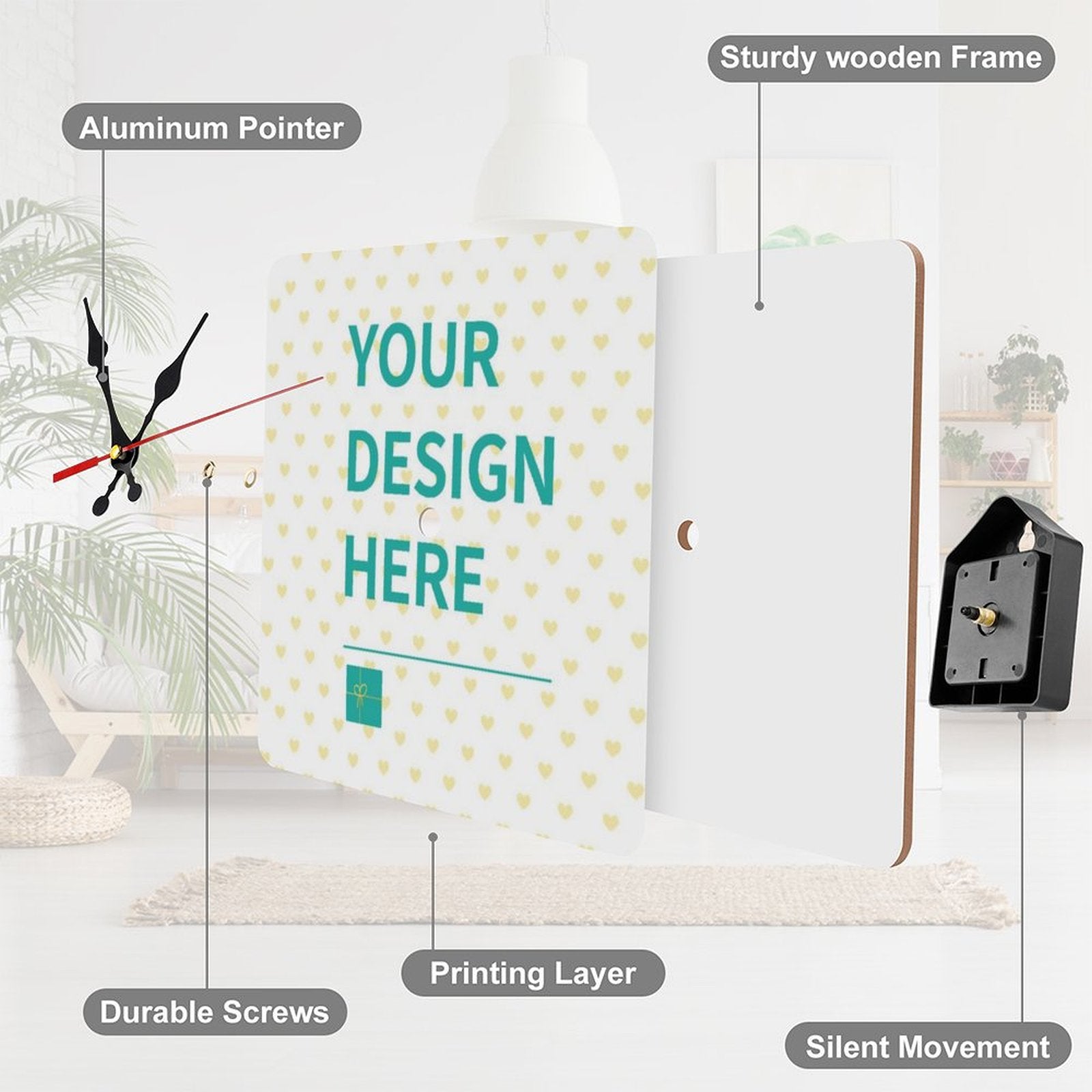 Personalized square wooden wall clock with 'YOUR DESIGN HERE', silent movement, home decor gift.
