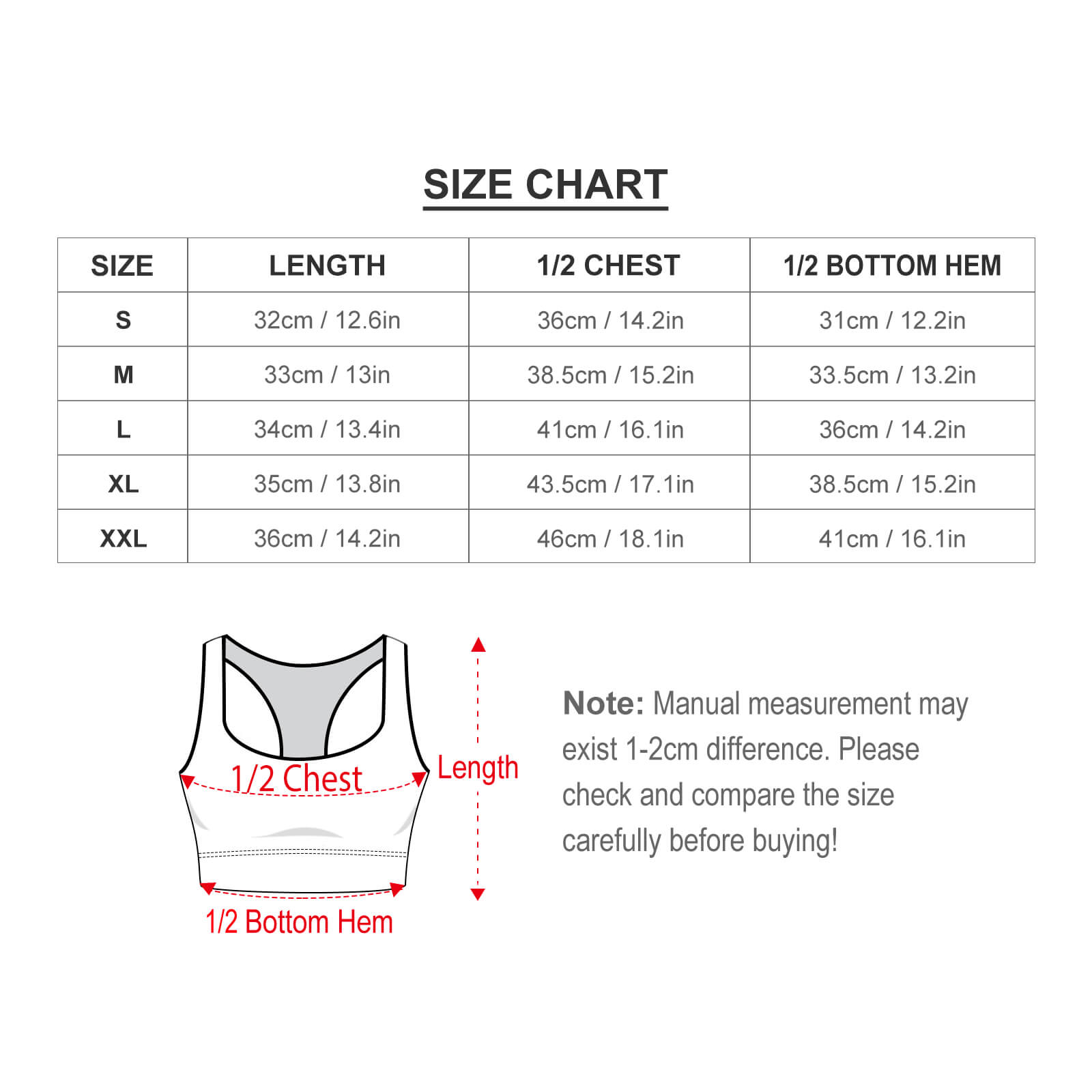 Sports bra size chart: chest, hem, and length measurements for sizes S-XXL. Includes visual guide and size details.