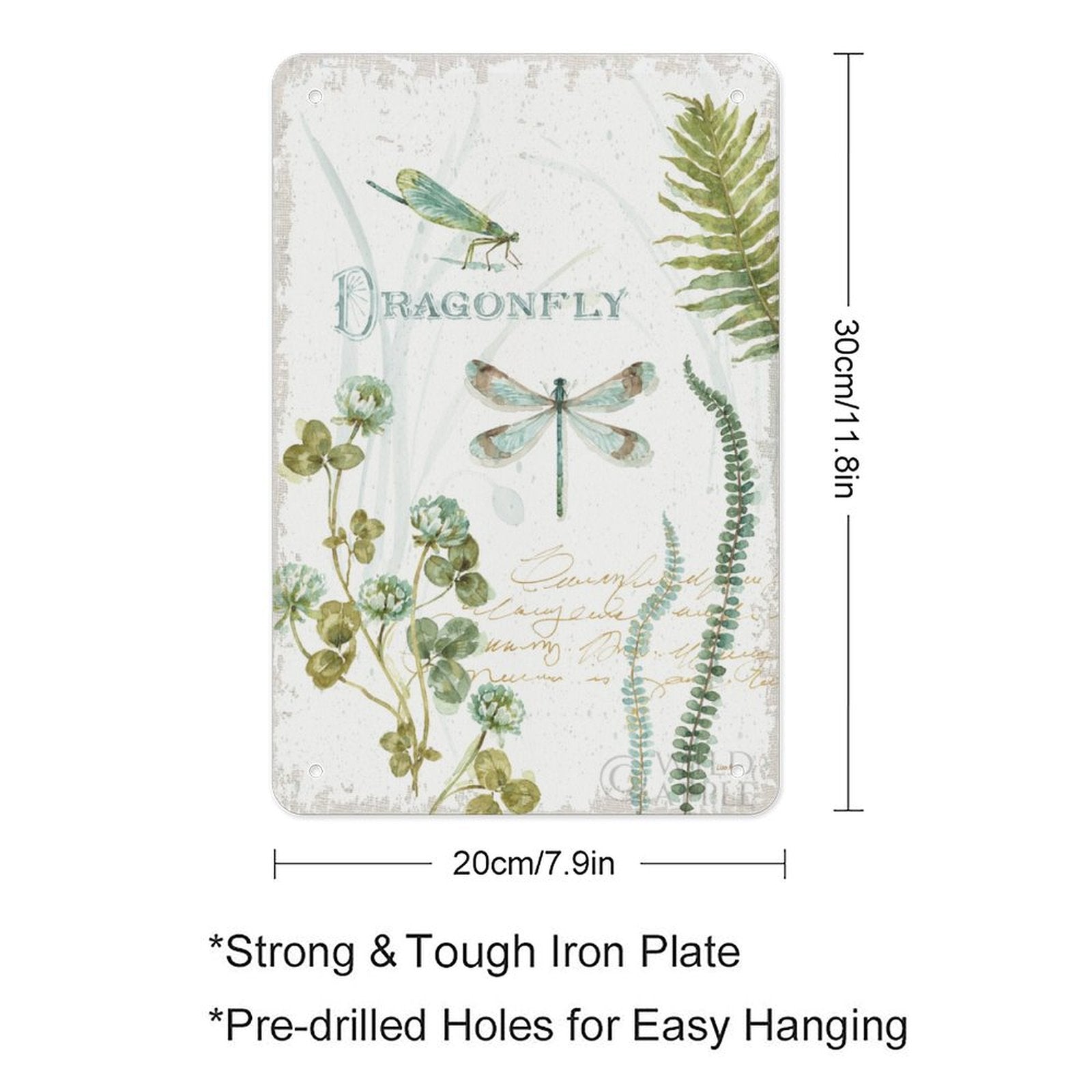 Personalized Metal Tin Sign, Botanical Dragonfly Art, Vertical, Made in USA, with pre-drilled holes, for home decor