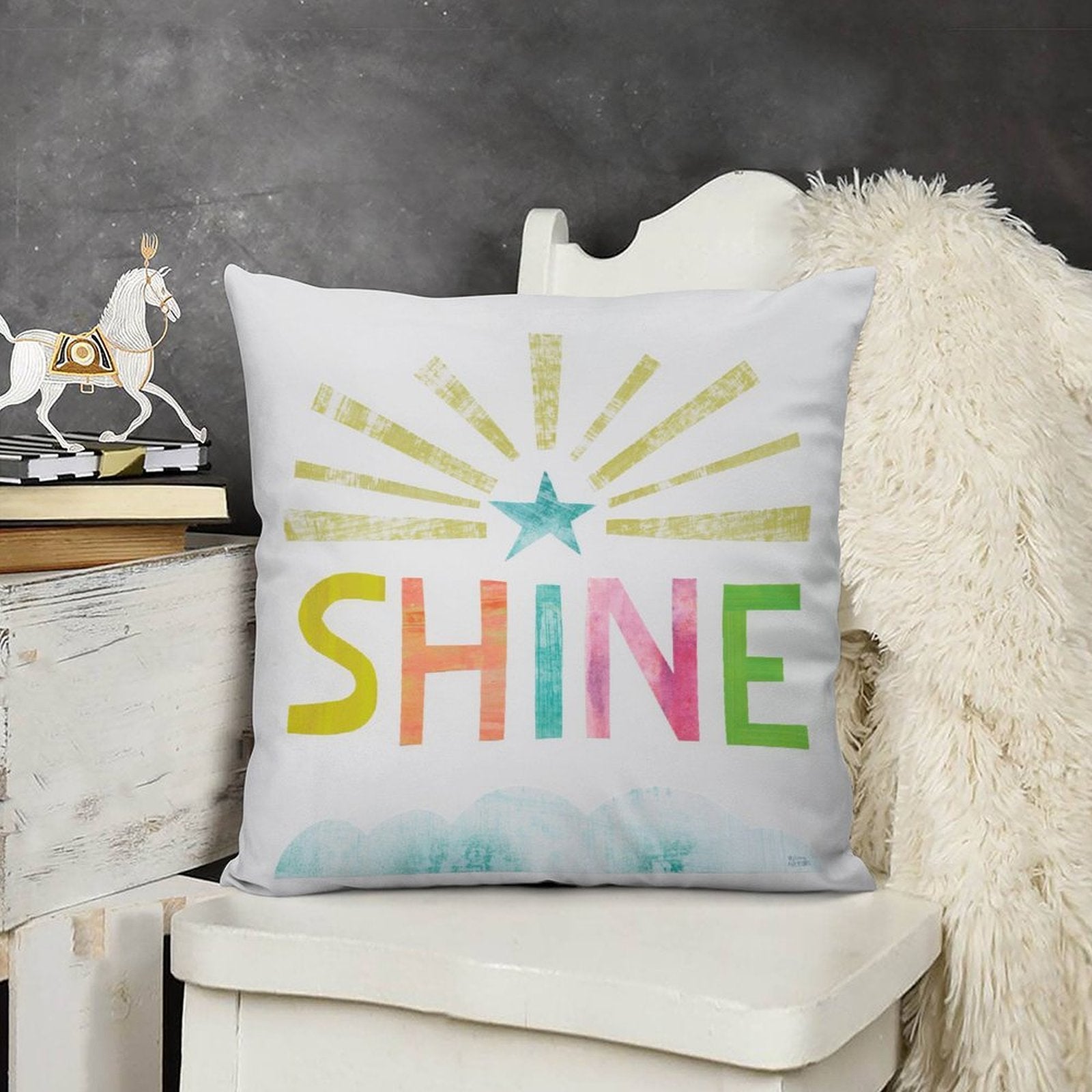 Plush pillow cover with SHINE design, colorful letters and star, perfect for sofa, couch or home decor.