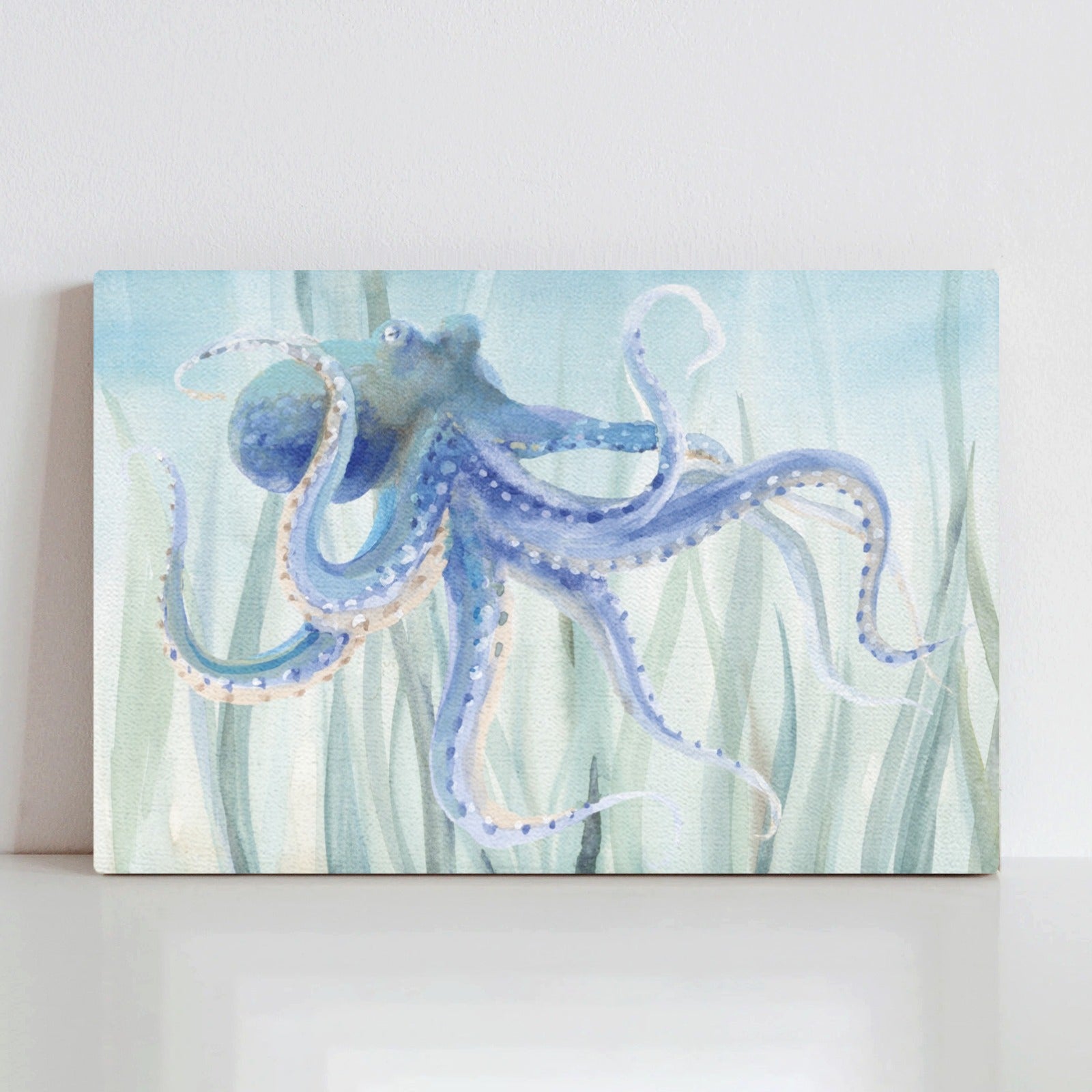 Undersea octopus canvas print, art print with octopus and seaweed.