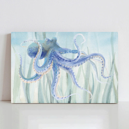Undersea octopus canvas print, art print with octopus and seaweed.