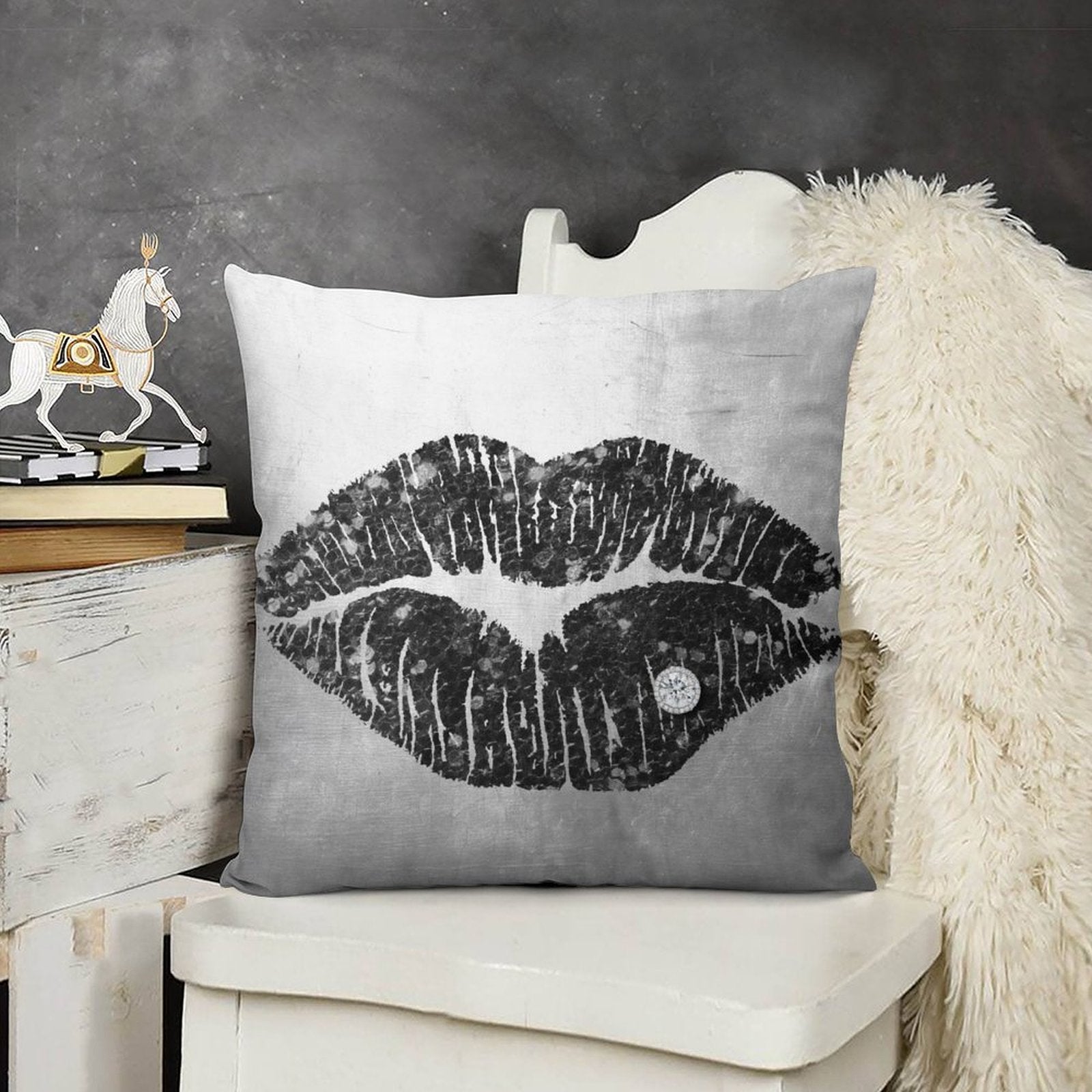 Luxury plush pillow cover with black lip design and diamond accent, for sofa and couch decoration.