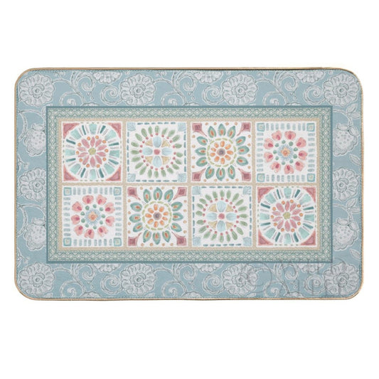Custom floor mat with floral pattern in blue and pastel colors, for bedroom, bathroom. Non-slip, washable.