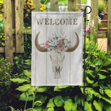 Bohemian welcome garden flag with bull skull and floral design, perfect yard decor