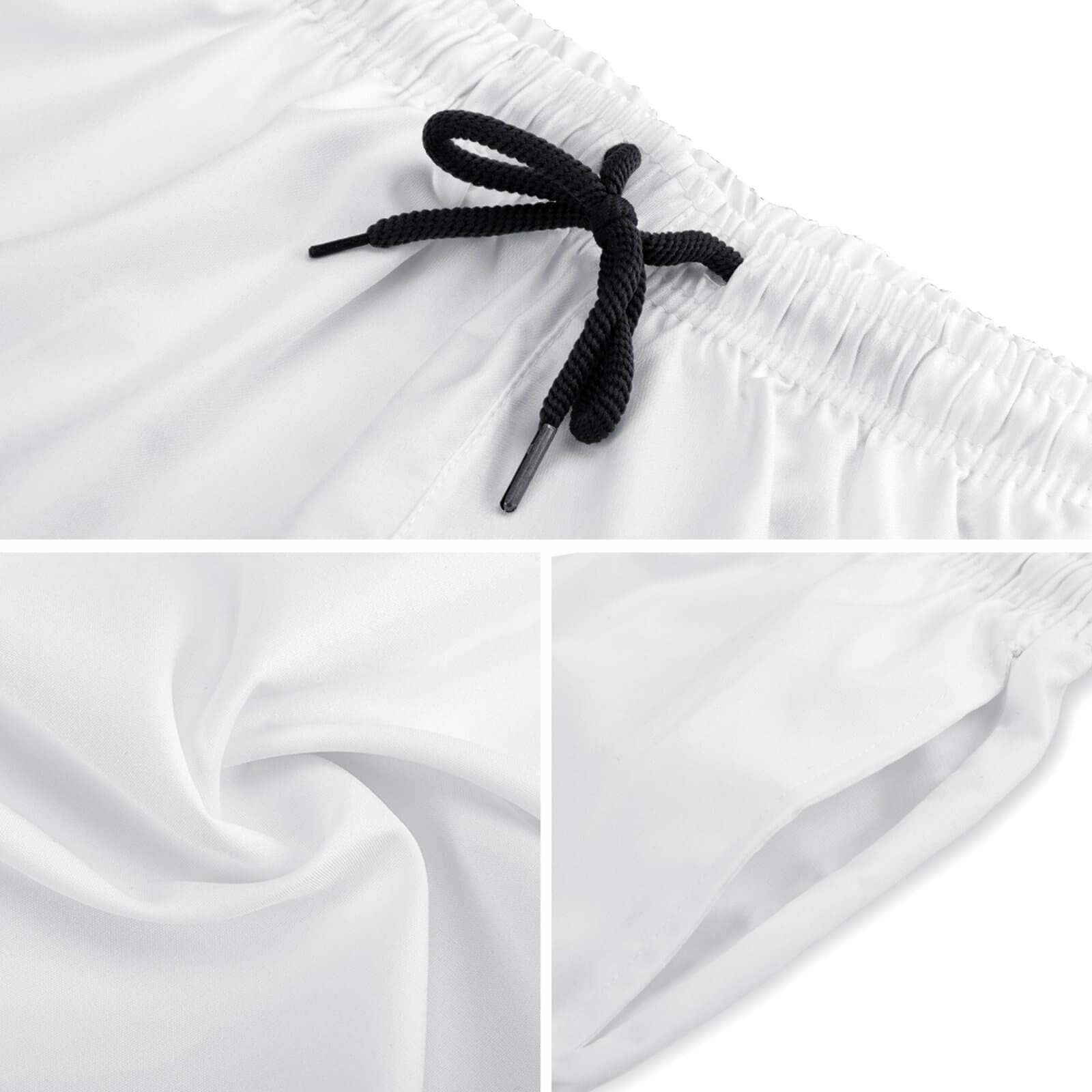 White men's quick-dry swim trunks with drawstring and pockets. Breathable peach skin velvet material.