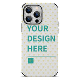 Custom iPhone 13 series phone case with 'YOUR DESIGN HERE' on fiber leather cover, personalized gift.
