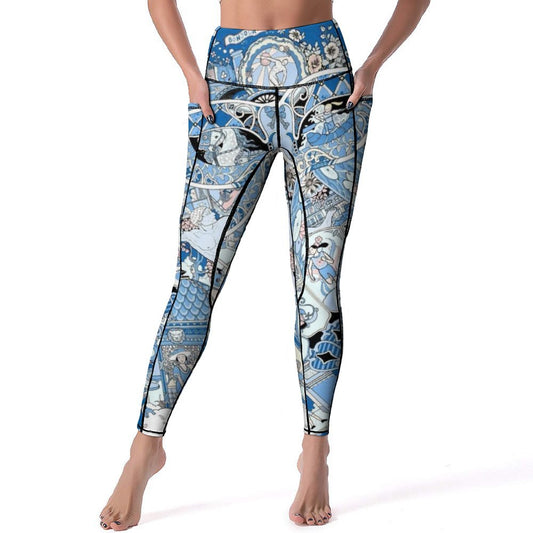 Blue patterned high-waisted yoga pants with pockets, BONJOUR detail, perfect for yoga and running.