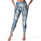 Blue patterned high-waisted yoga pants with pockets, BONJOUR detail, perfect for yoga and running.