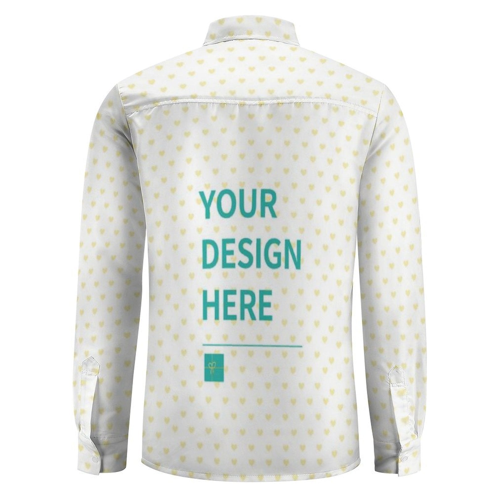 Personalized long sleeve shirt for men, white with yellow hearts, featuring 'YOUR DESIGN HERE'. Great for gifts.