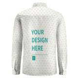 Personalized long sleeve shirt for men, white with yellow hearts, featuring 'YOUR DESIGN HERE'. Great for gifts.