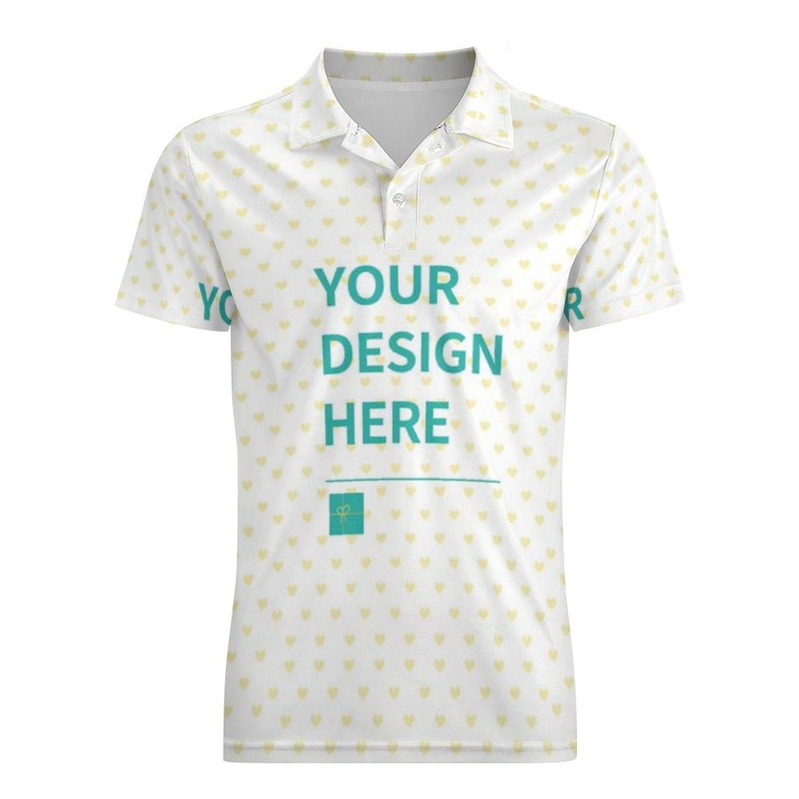 Customizable men's cotton pique polo shirt with heart pattern and 'YOUR DESIGN HERE' text