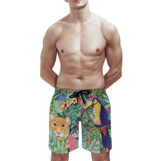 Men's Hawaiian swim trunks, jungle print with cheetah and toucan design, drawstring, quick-dry beach shorts