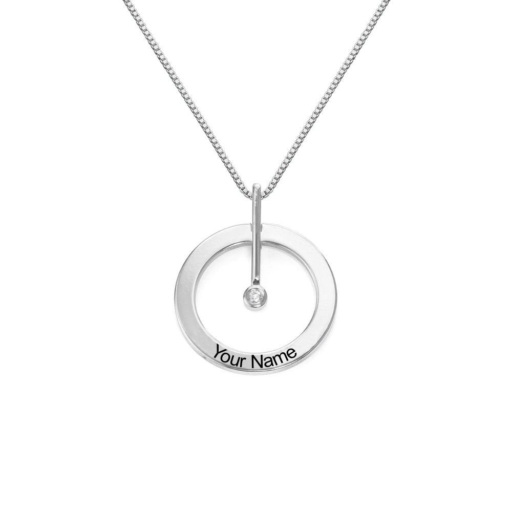 Personalized circle necklace for women, silver pendant with diamond, custom text option 'Your Name'