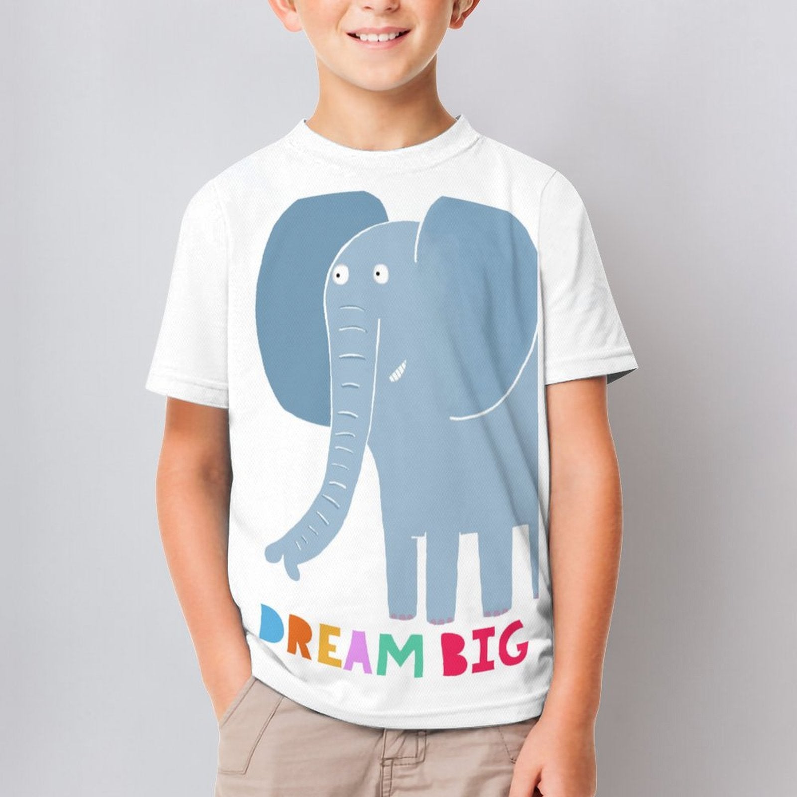 Kids' white short sleeve t-shirt with playful elephant graphic and DREAM BIG text, for MyArtsyGift