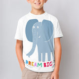Kids' white short sleeve t-shirt with playful elephant graphic and DREAM BIG text, for MyArtsyGift