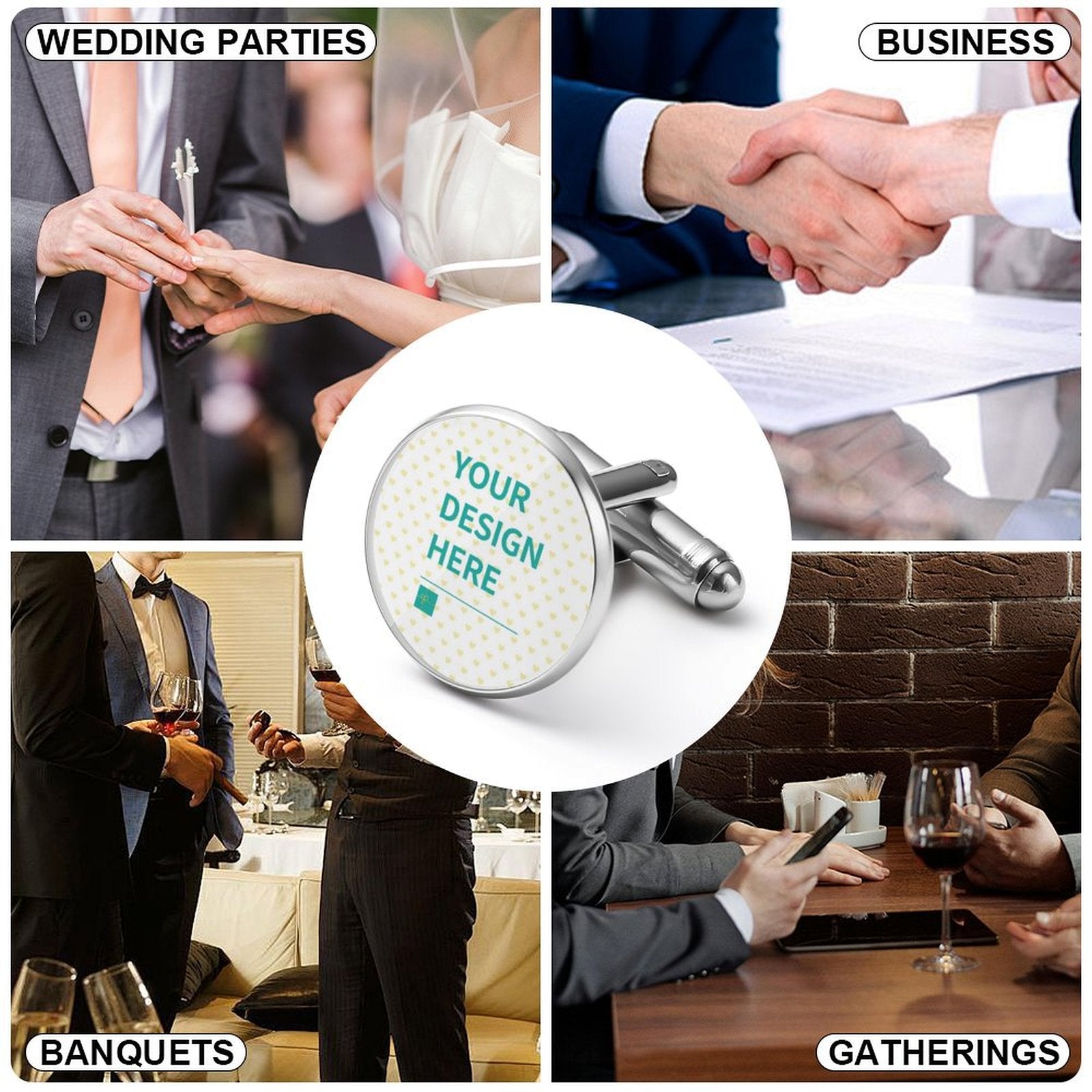 Personalized cufflinks with "YOUR DESIGN HERE" design. Alloy metal, perfect for weddings, business, and tuxedo shirts.